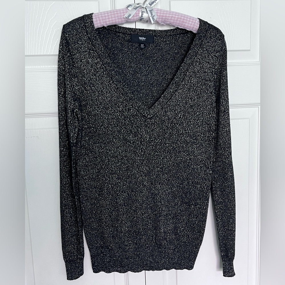 Mossimo Black/Gold Sparkle Long Sleeve V-Neck Sweater-Size S - Picture 1 of 10